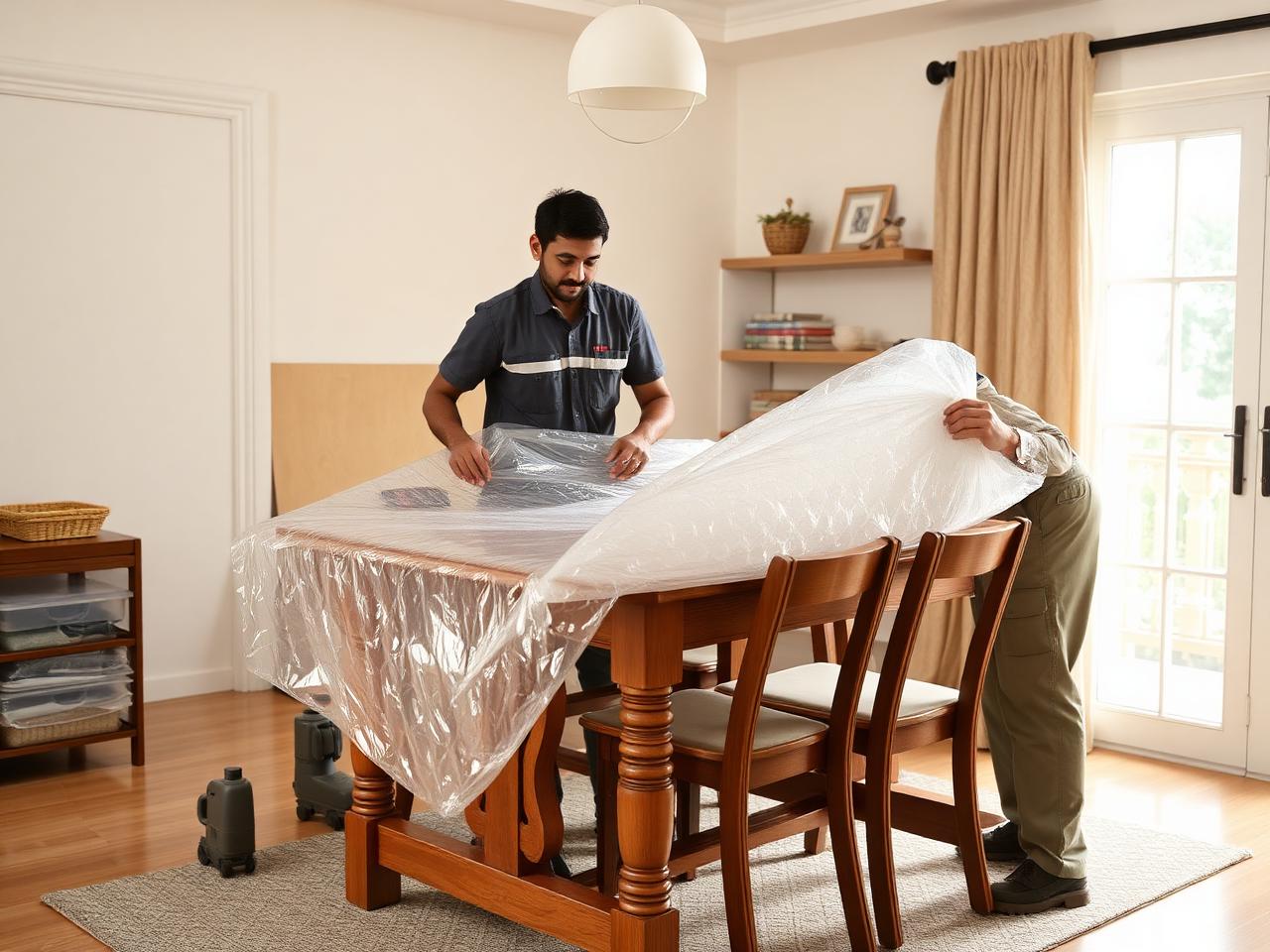 Household shifting crew carefully packing a dining table for a Jaipur home move